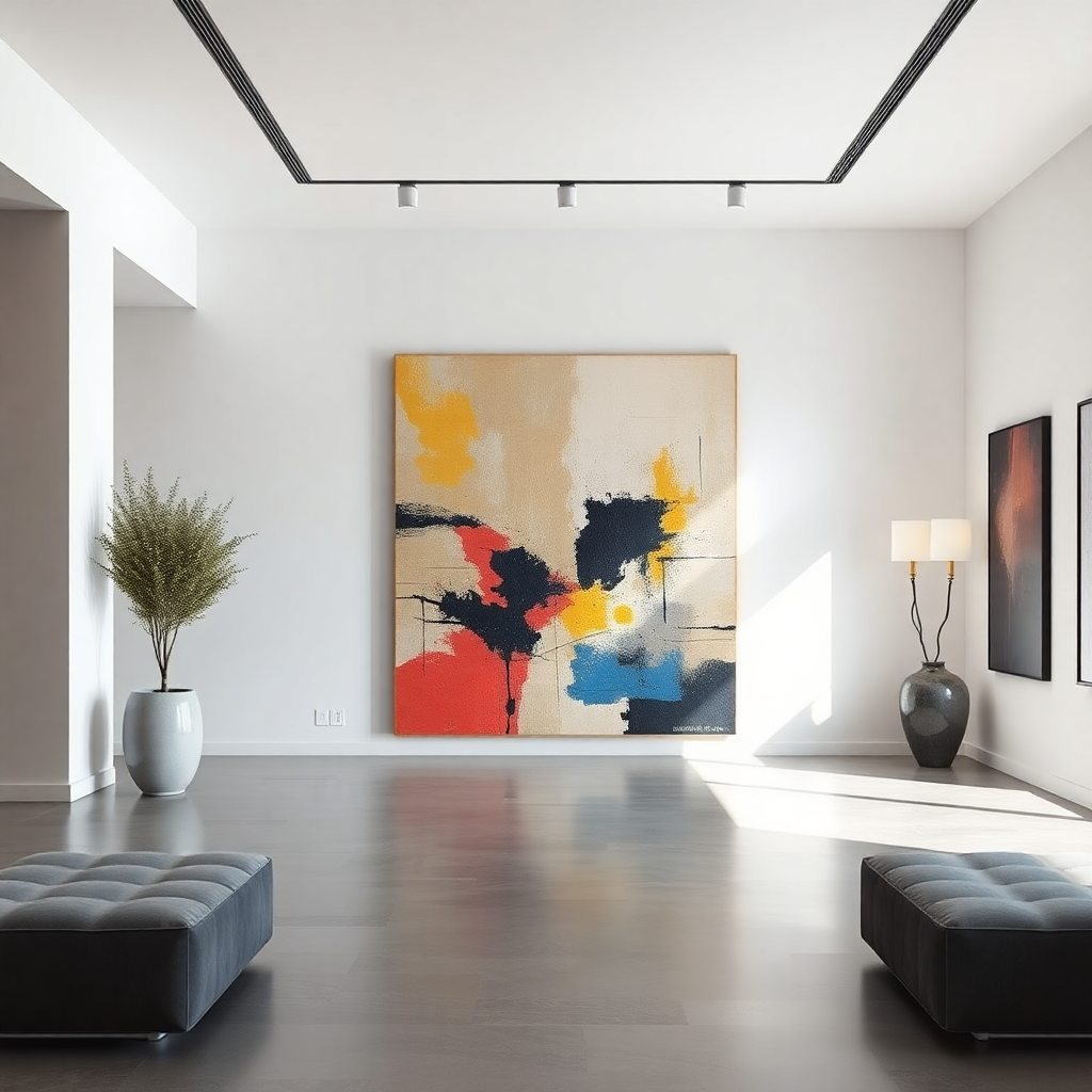 minimalist modern art gallery with a large abstract oil painting, cinematic lighting, editorial style