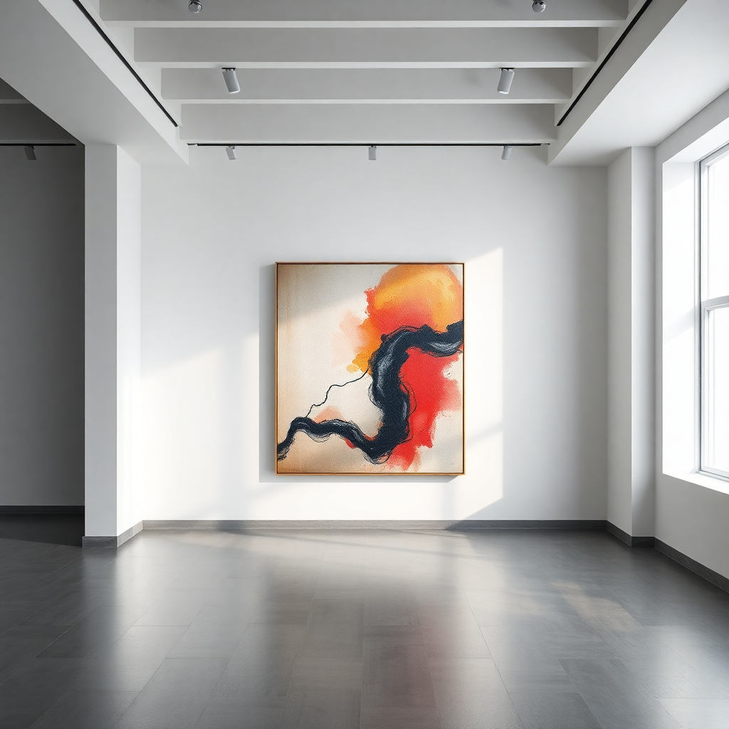 minimalist modern art gallery with large abstract oil painting on white wall, cinematic dramatic lighting