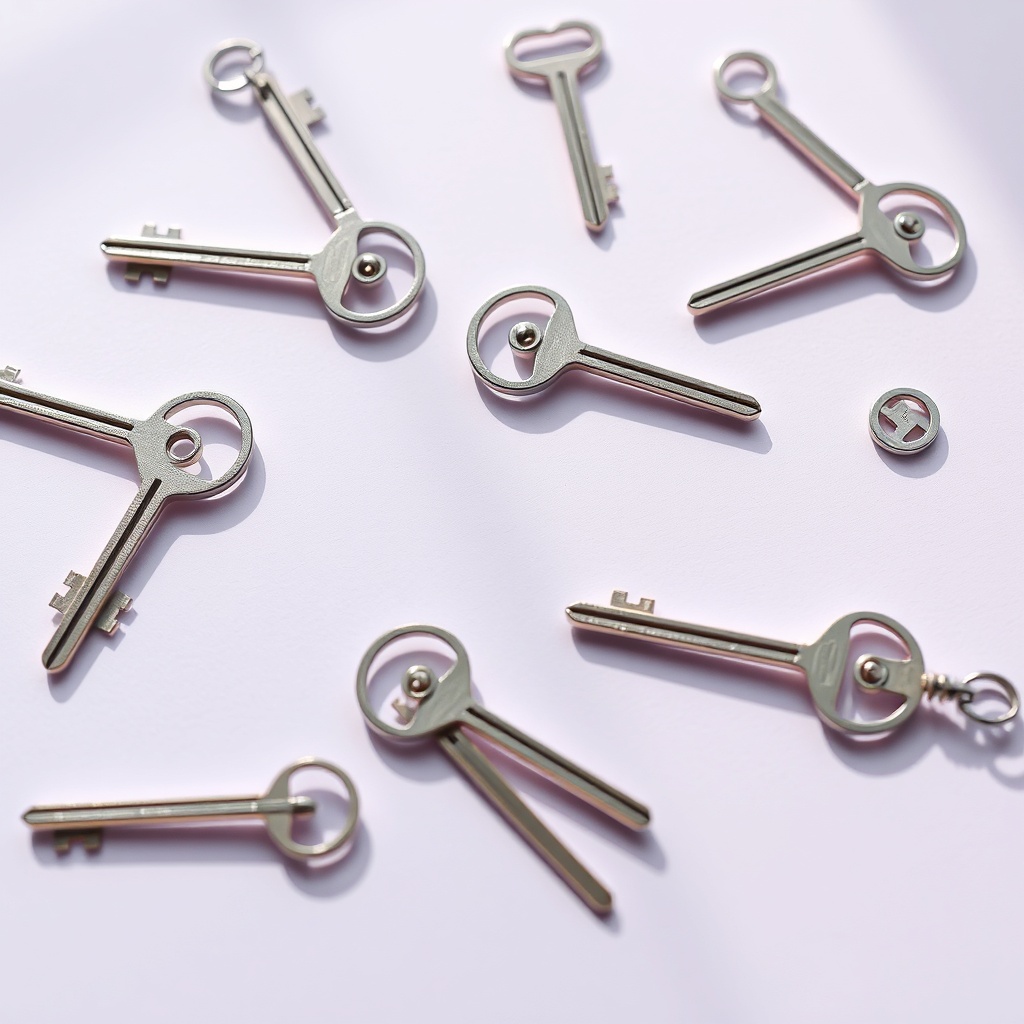 Abstract geometric smart keys arranged on soft lavender surface, modern minimalist product photograp