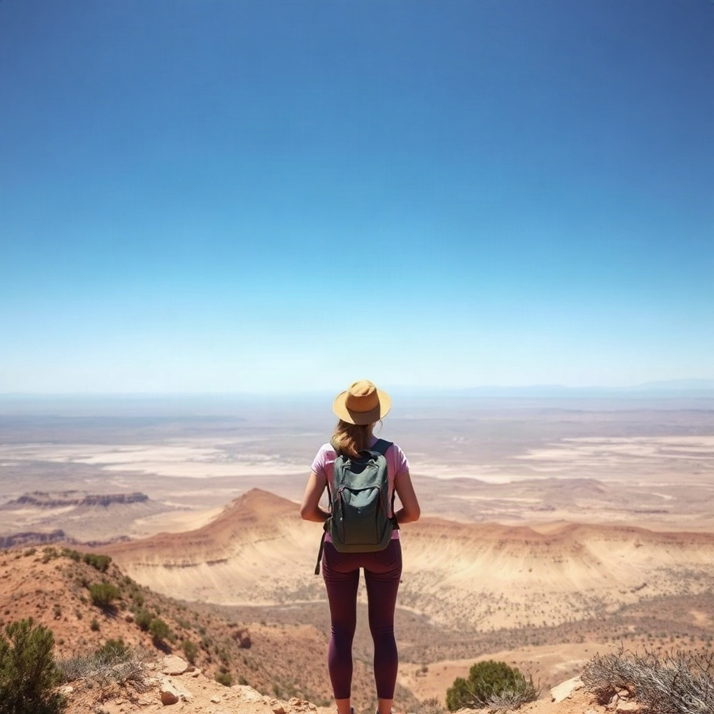 back view of a solo female hiker looking at a vast desert landscape, wearing a backpack, track recor
