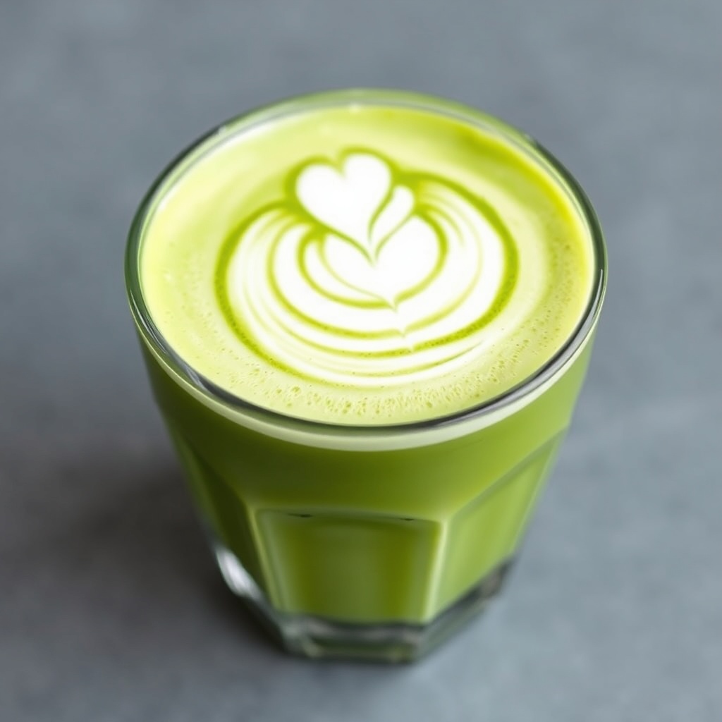 lavender honey matcha latte in a glass with beautiful green color and foam art