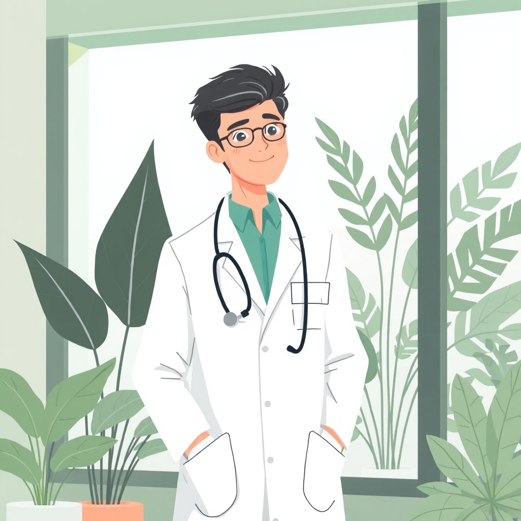 young male doctor in white coat with stethoscope standing by large window, indoor plants background,