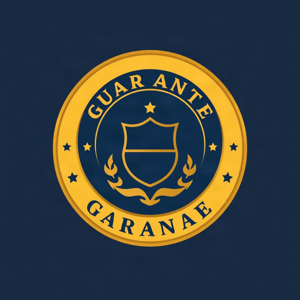 circular gold and navy guarantee seal badge with shield icon, flat vector style, without background