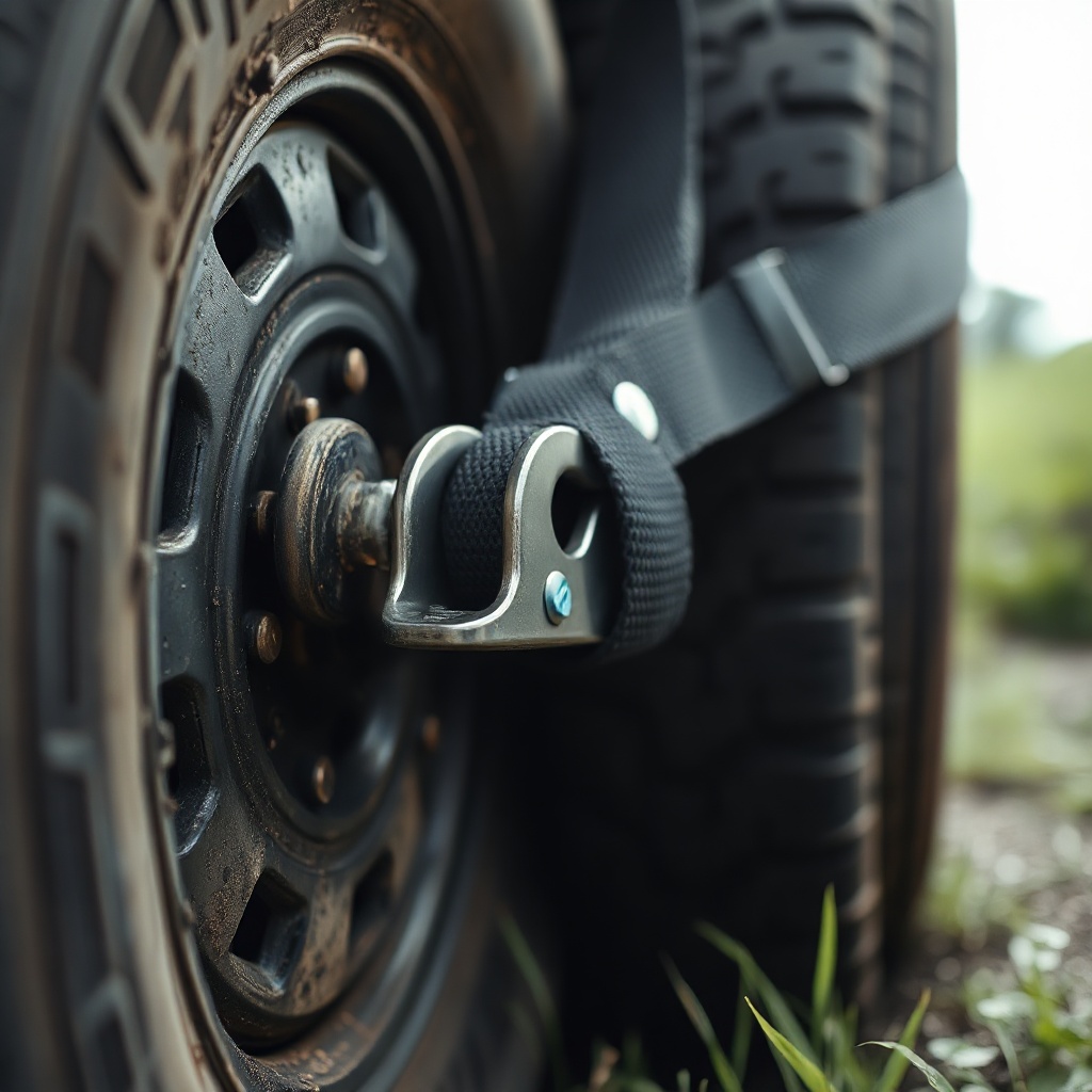 close up of a secure auto-carrier ratchet strap fastened around a tire, industrial grit, shallow dep