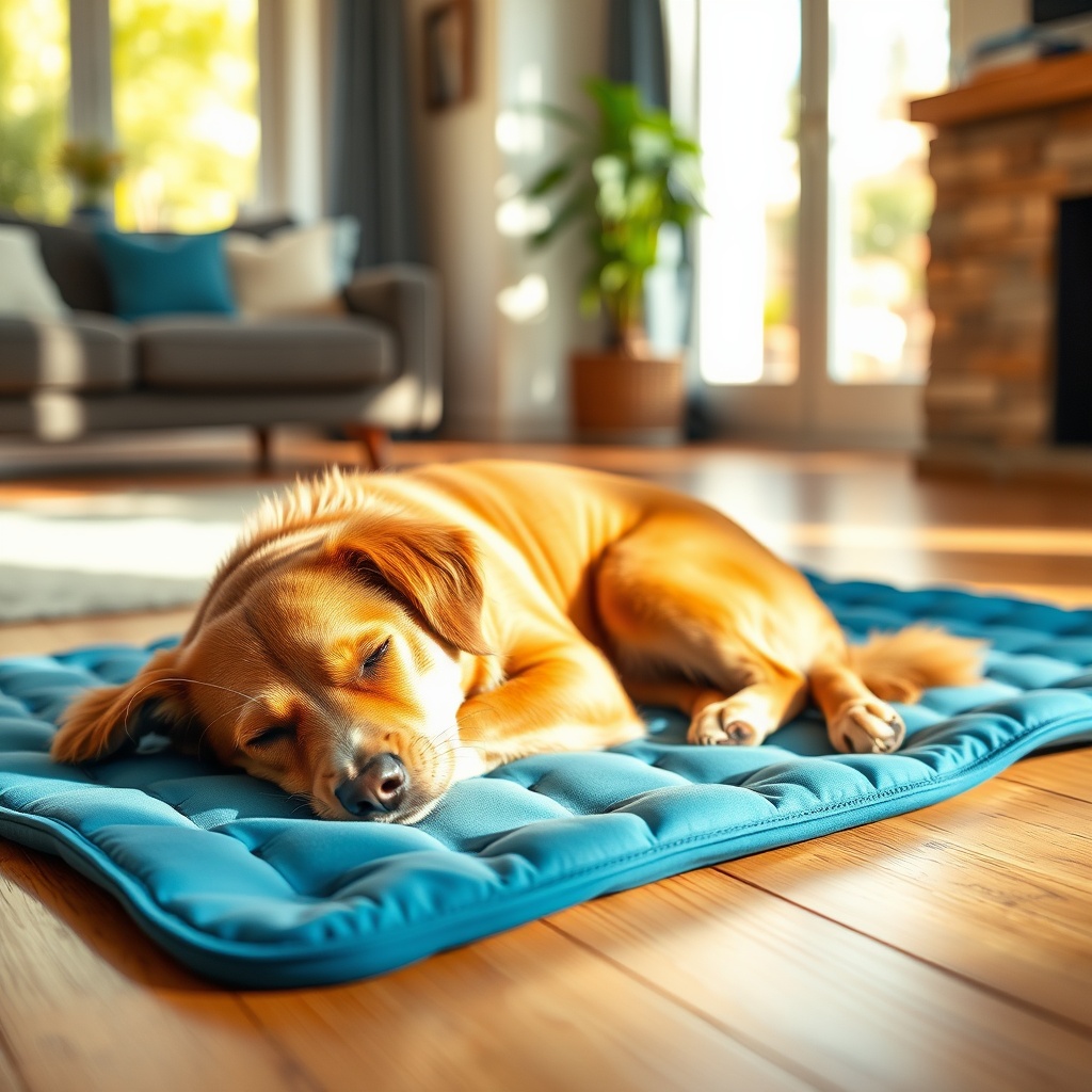 Happy dog resting on a PawLax Cooling Mat in a bright home