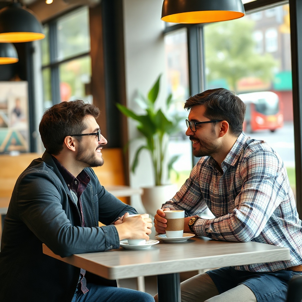 two entrepreneurs discussing metrics over coffee in a bright urban cafe, lifestyle photography