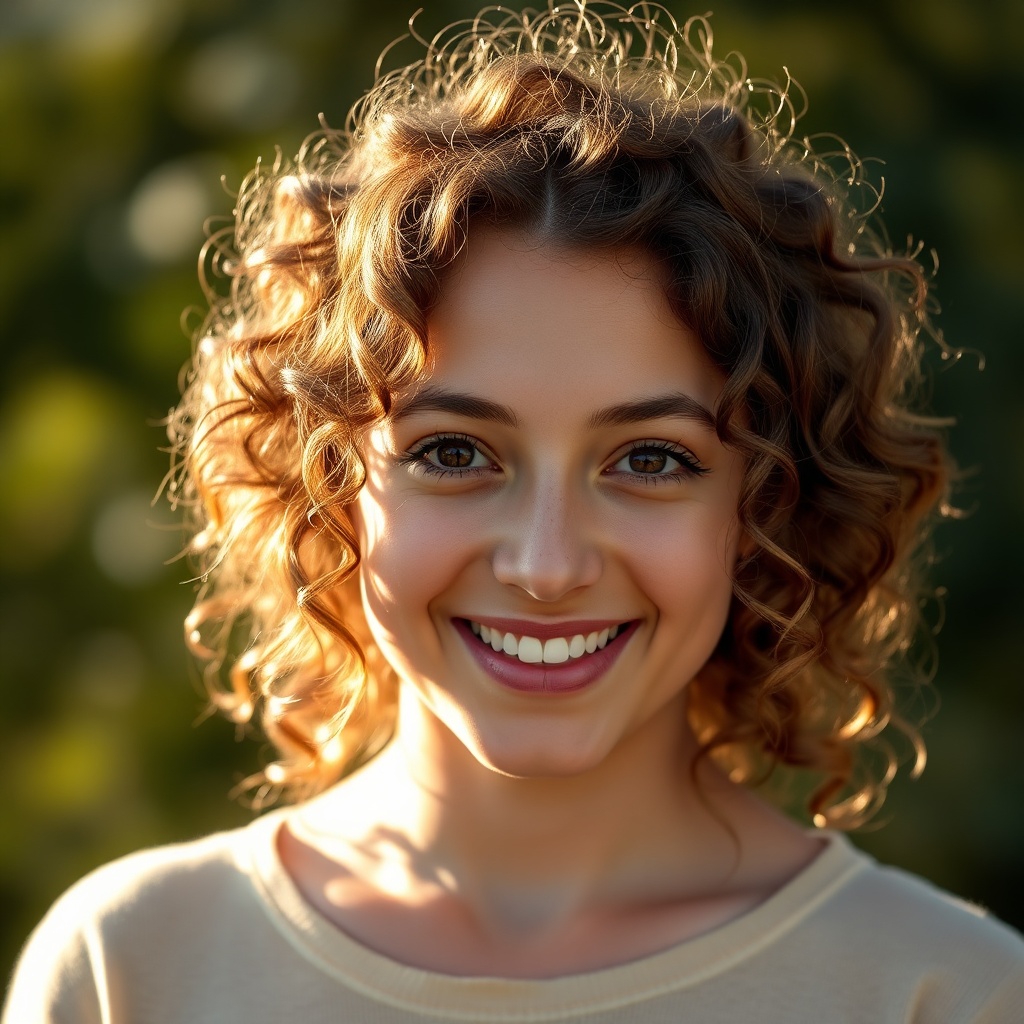 portrait headshot of a young woman with curly hair, warm natural lighting, genuine smile