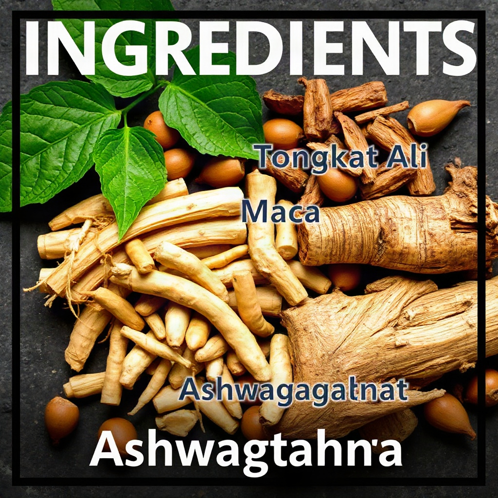 Ingredient graphic showing Tongkat Ali root, Maca root, and Ashwagandha root arranged together, edit
