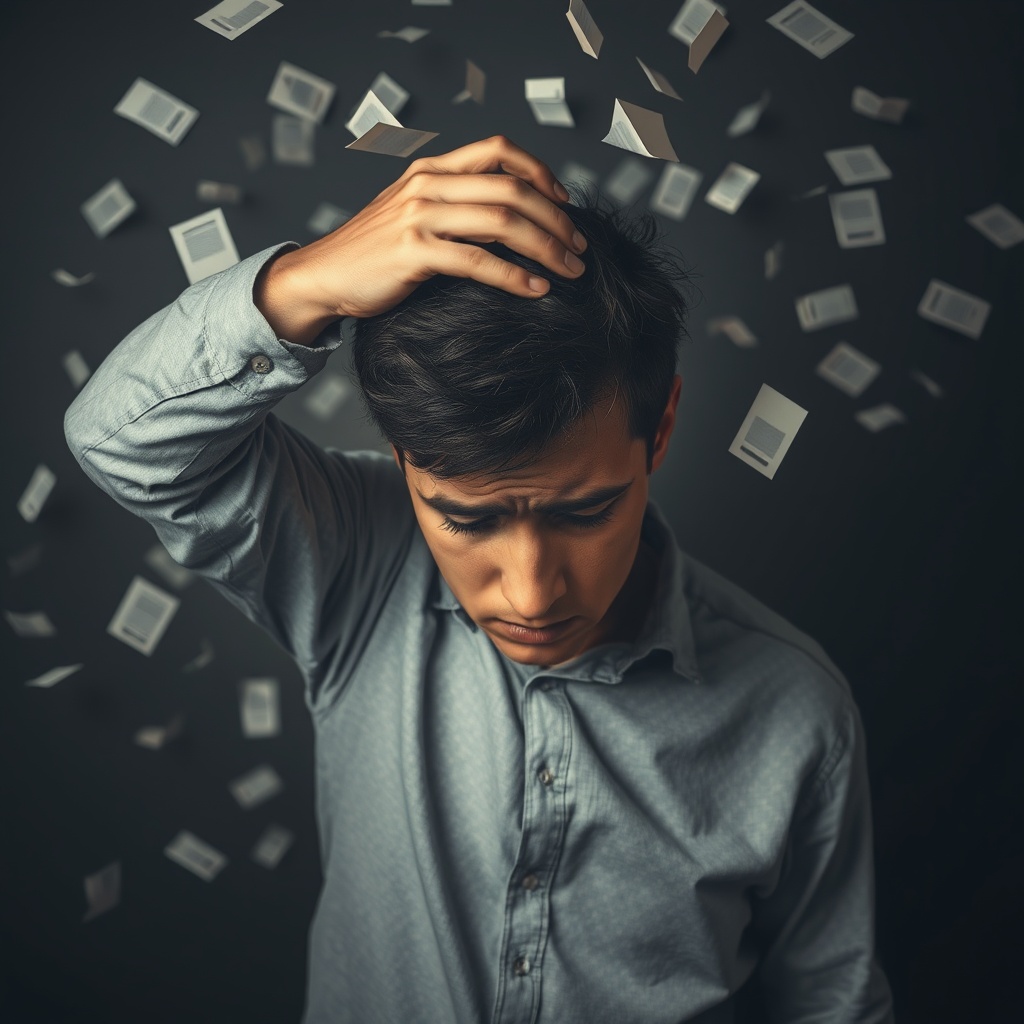 Person holding head in frustration surrounded by scattered notes, brain fog concept, muted tones