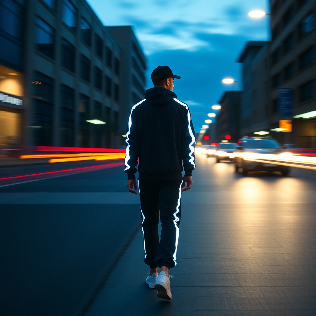 model walking in reflective track pants at dusk, motion blur, urban streetwear campaign