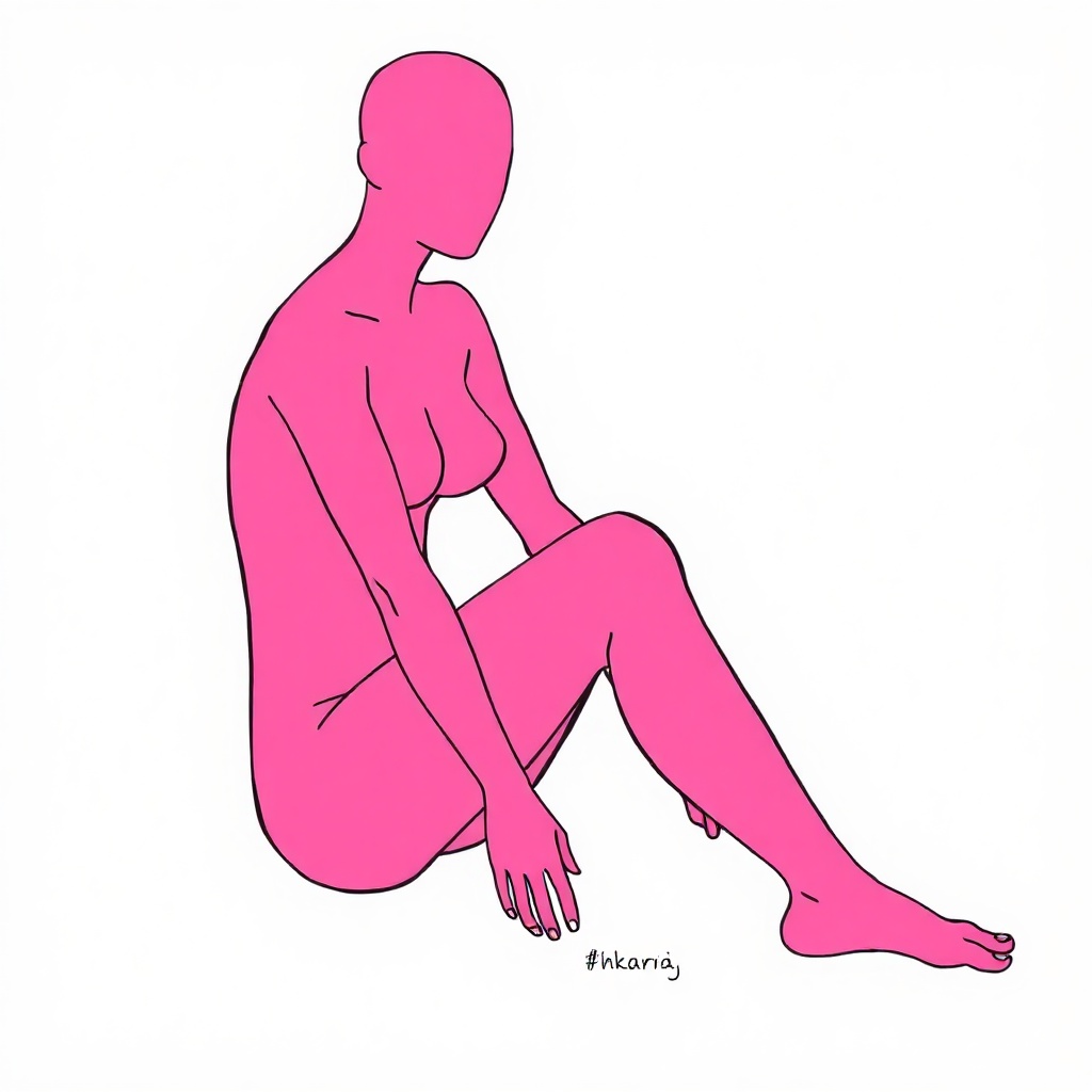 illustration of a pink nude figure sitting, minimal graphic style, bold colors