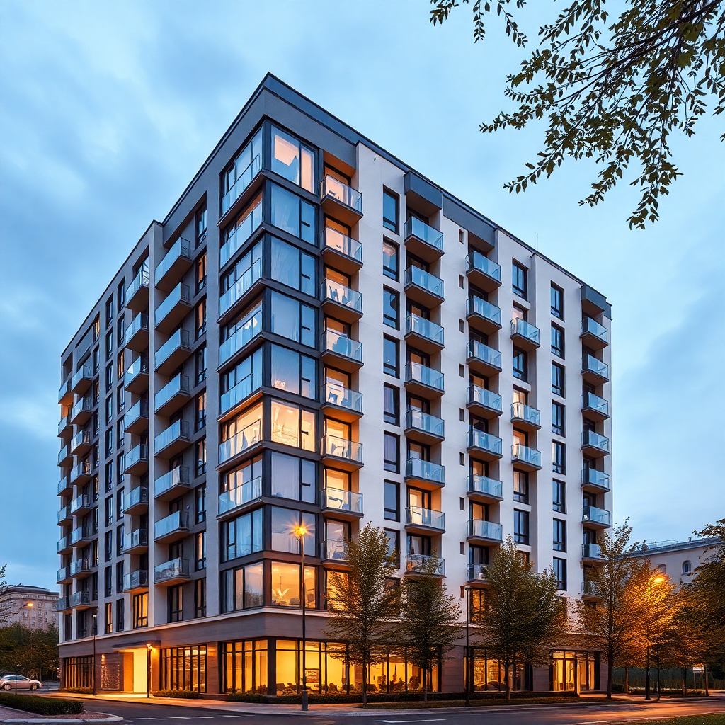 modern luxury apartment complex residential building exterior Warsaw Poland architecture photography