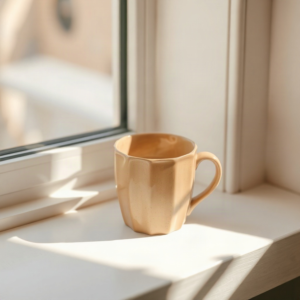 A ceramic coffee mug on a windowsill