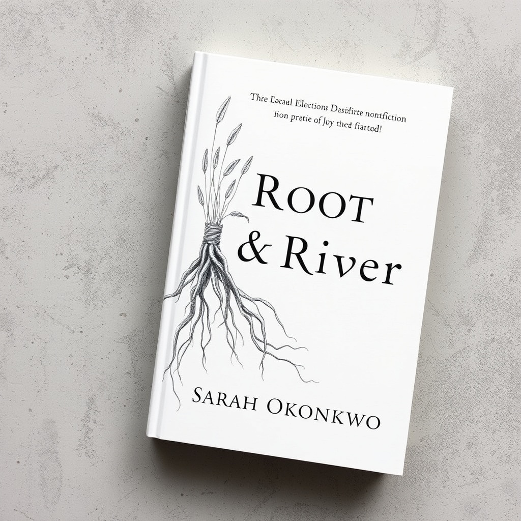 clean white non-fiction book cover, 'Root & River' by Sarah Okonkwo, botanical pencil drawing, elega
