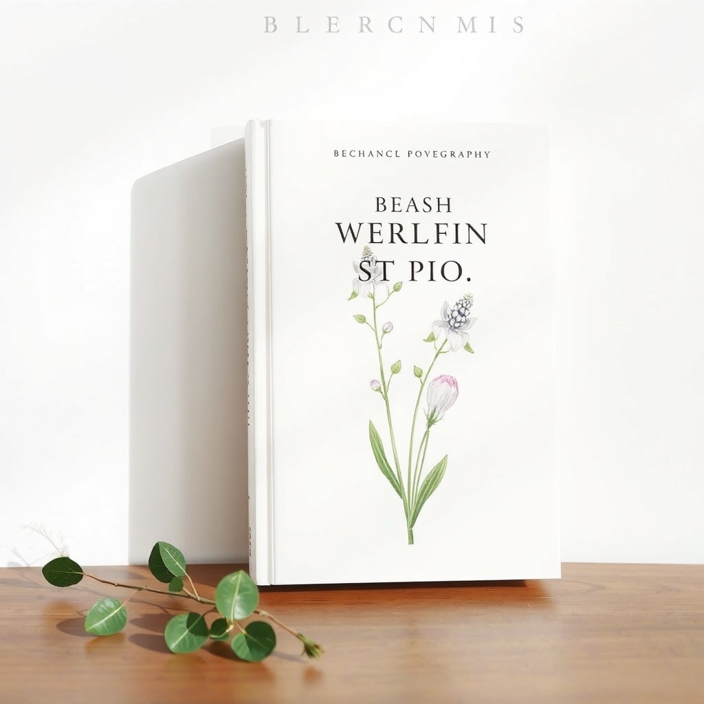 clean white non-fiction book cover design, botanical illustration, sharp elegant fonts, soft dayligh