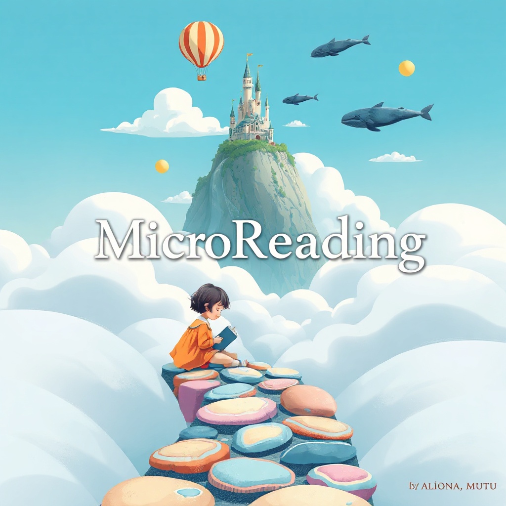 Front cover design for the book 'MicroReading' by Aliona Mutu. The artwork is whimsical and ethereal