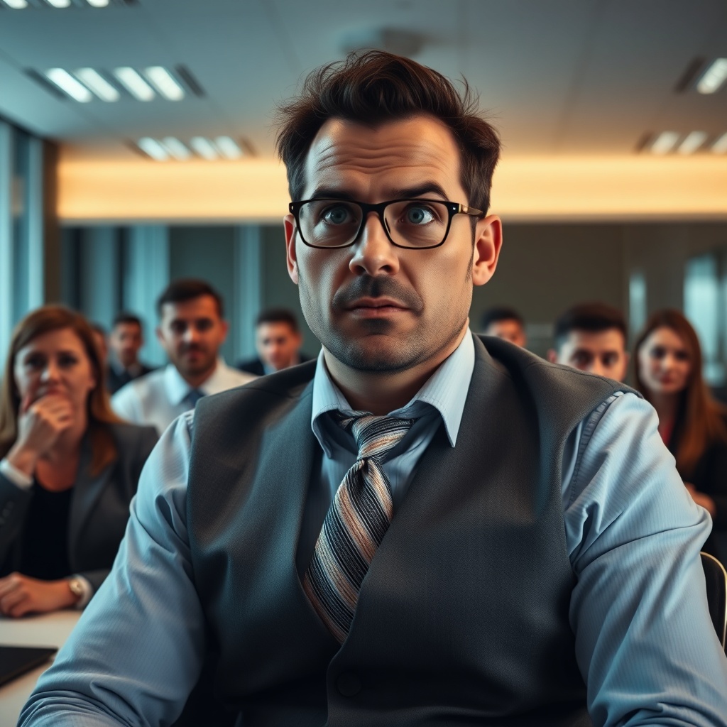 Busy executive in a boardroom meeting looking overwhelmed, corporate setting, cinematic lighting