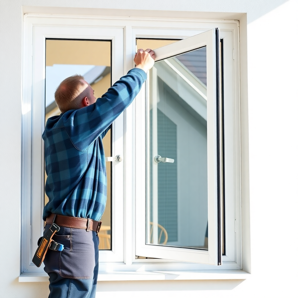 professional window installer fitting new white PVC kozijn in Dutch home, clean workmanship, bright