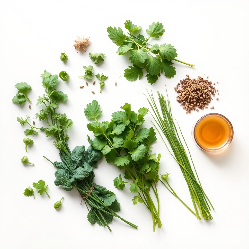 fresh green herbs and botanical ingredients arranged neatly on a clean white surface, natural light,