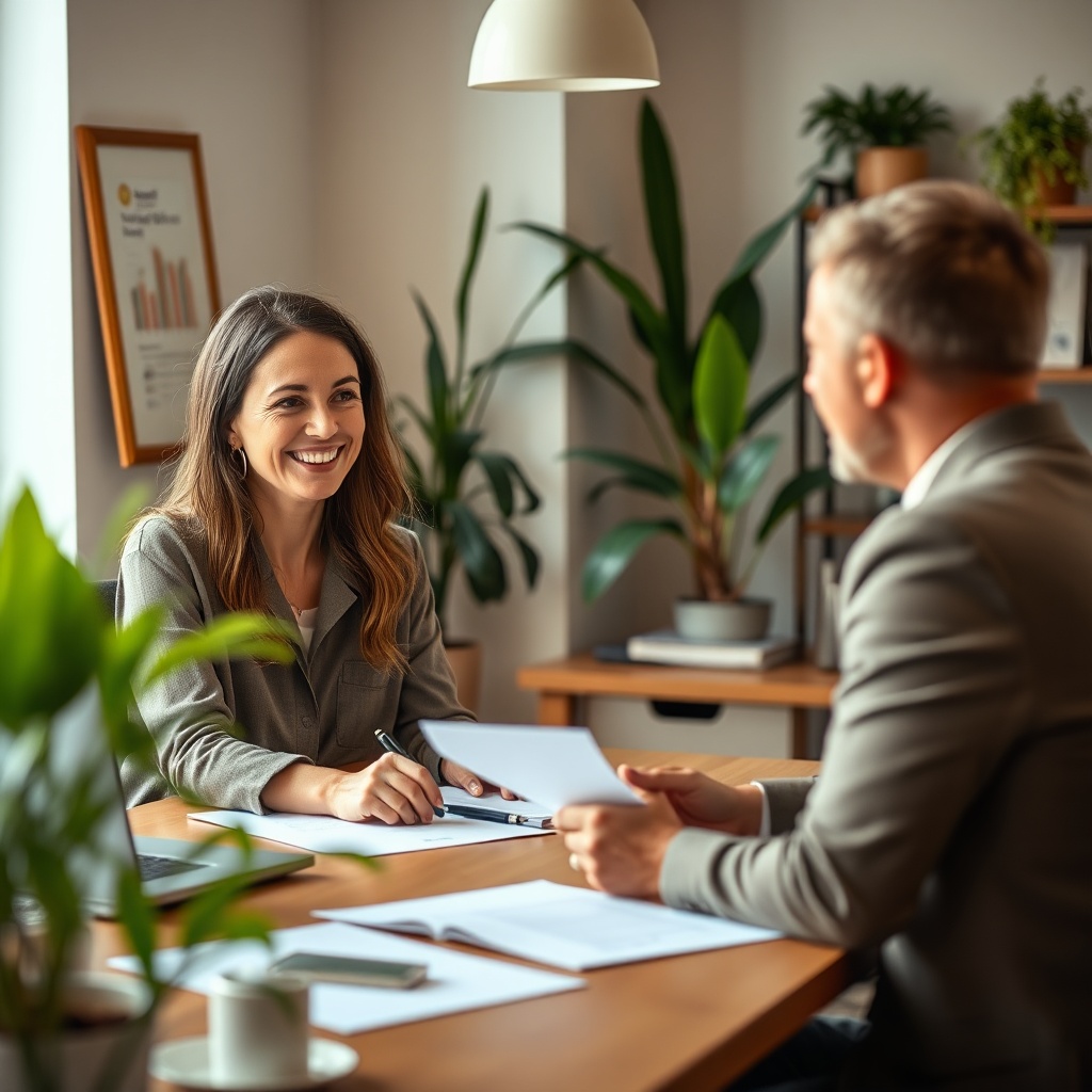 warm friendly accountant woman smiling at client across desk with documents, cozy professional offic