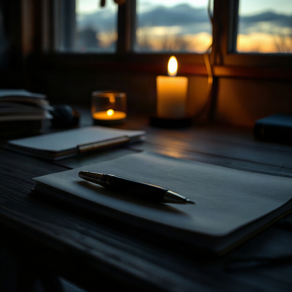 A quiet writing desk at dusk