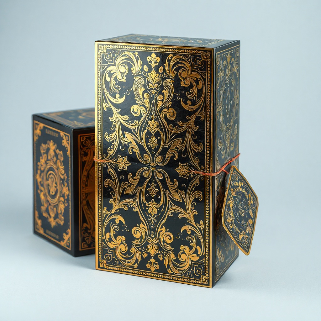 luxury packaging boxes and product labels, metallic foils, intricate design