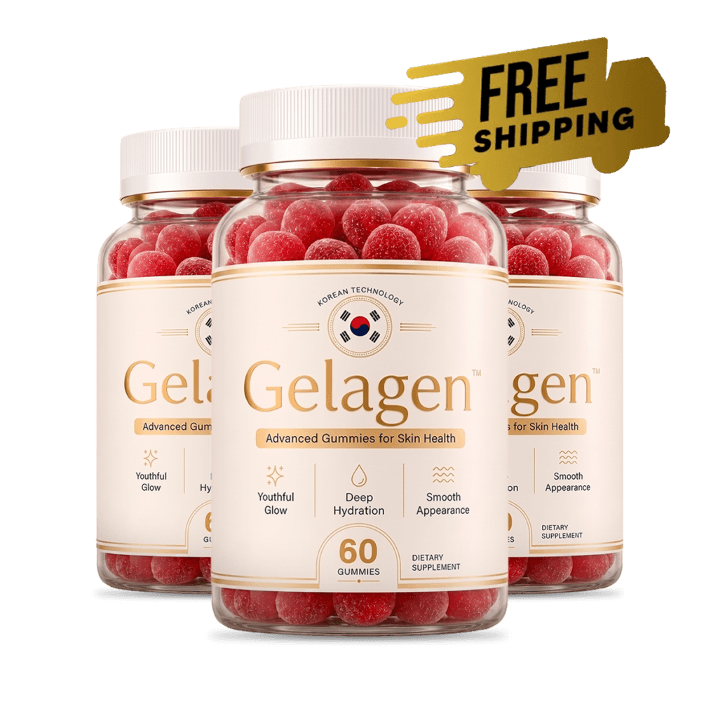 three beauty gummy supplement bottles bundle, cream and gold label, gold free shipping banner, produ