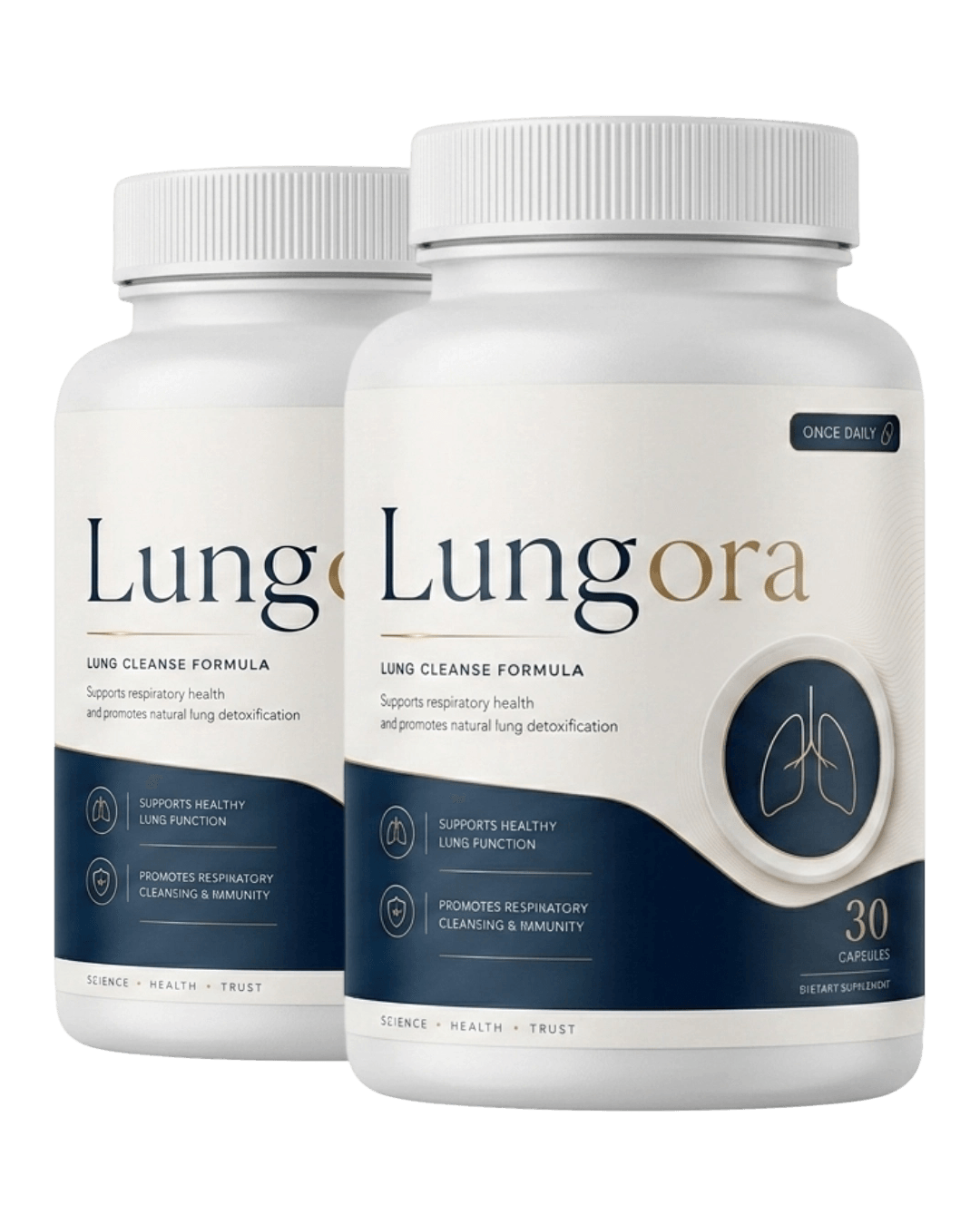 two Lungora supplement bottles standing together, teal and gold label, product photography on white 