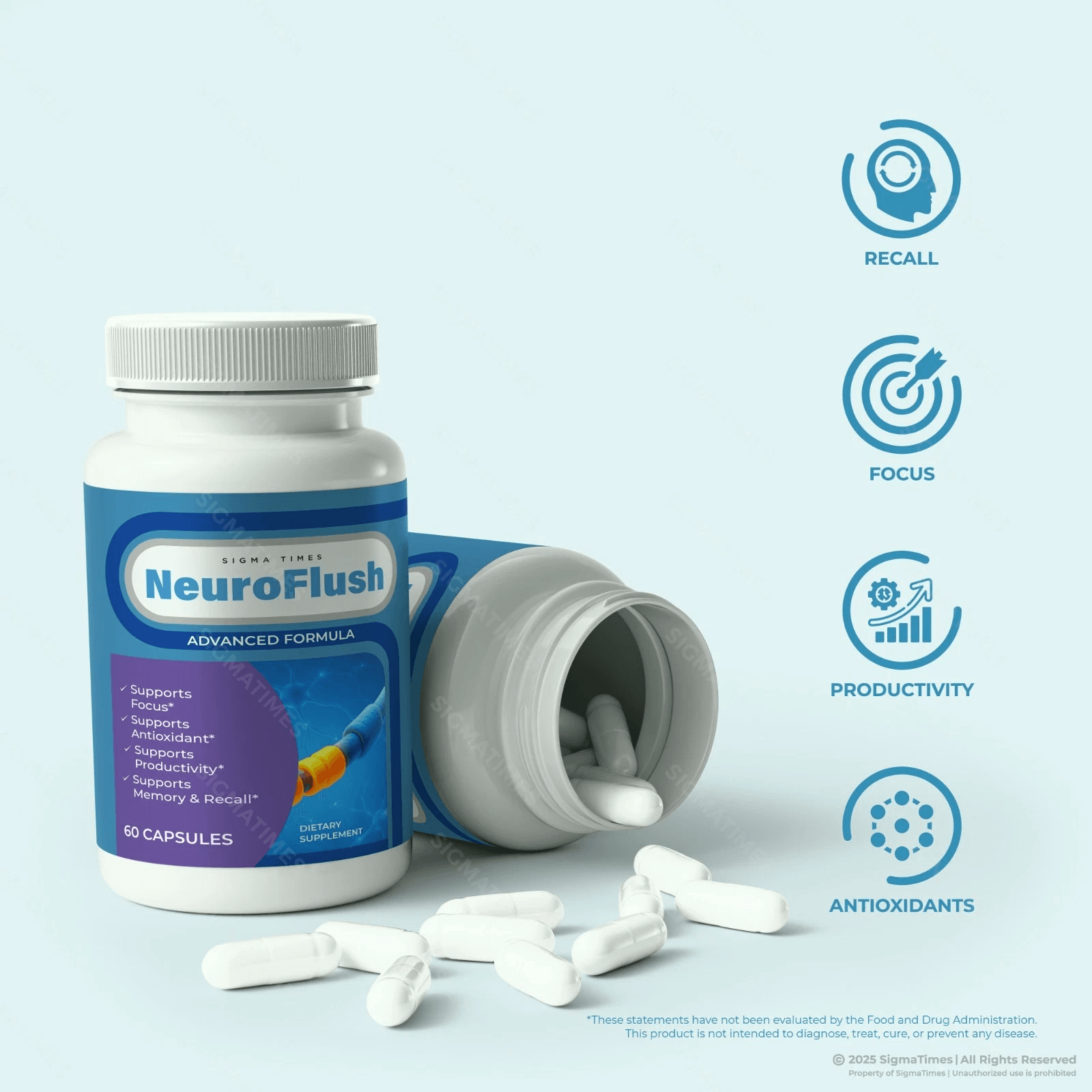 NeuroFlush supplement bottle blue label supports healthy nerve function 30 capsules, professional st
