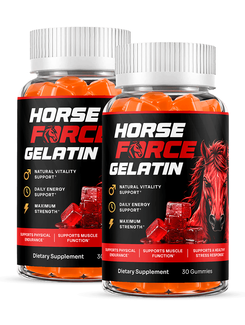 two jars of Horse Force Gelatin Gummies supplement bottles, black label, red horse logo, orange gumm
