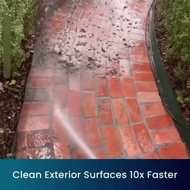 concrete driveway with oil stains being blasted clean, dramatic before-after split