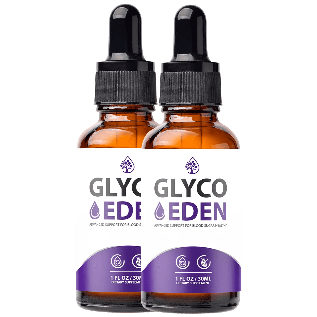 two amber glass dropper bottles with purple Glyco Eden label standing side by side, product photogra