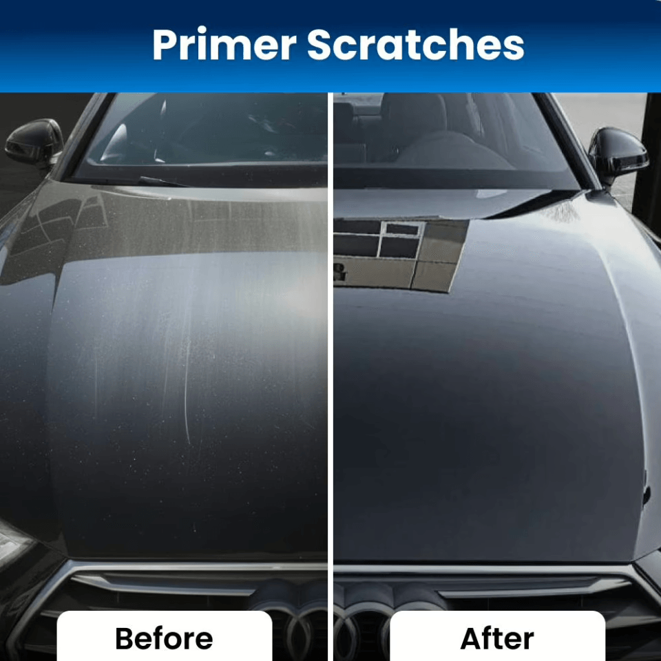 car door handle area before after, multiple silver scuff marks around door handle on black car door