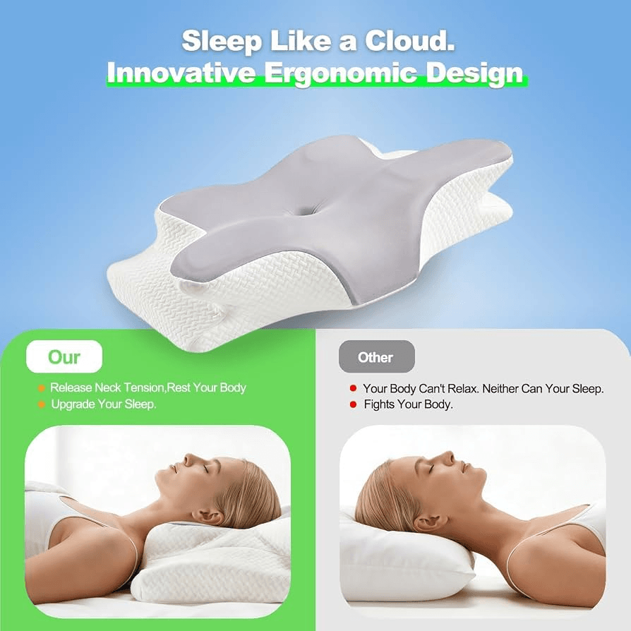 side view of contoured gray and white memory foam pillow showing wave shape and armrest cutout, prod