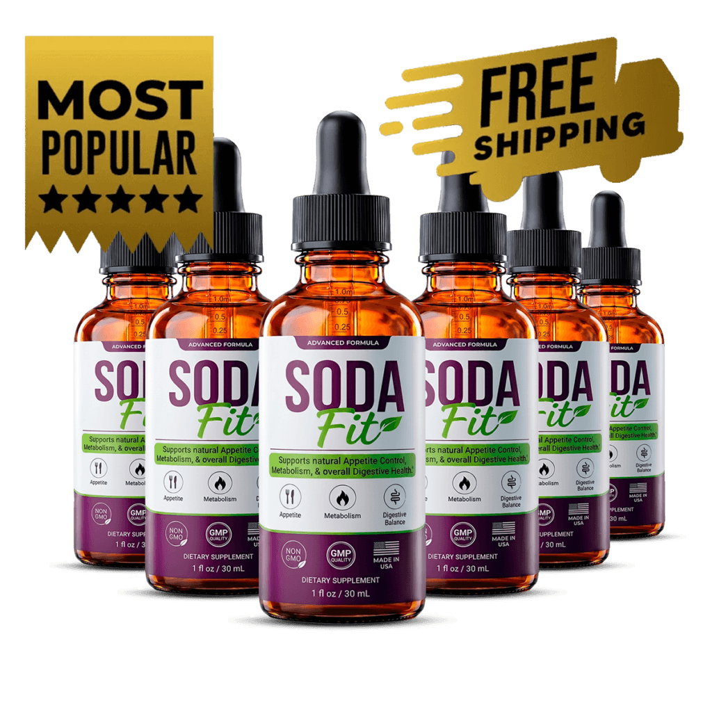 six SodaFit supplement bottles arranged together, plum purple and sage green label, studio product p