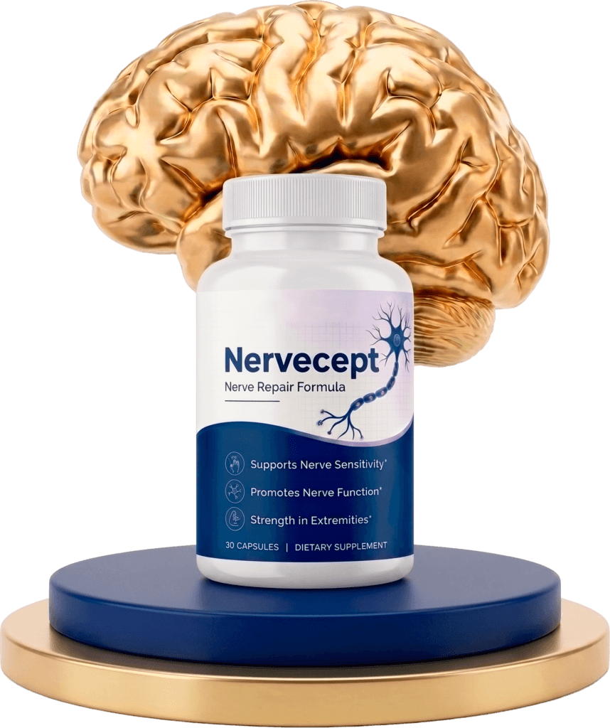 Nervecept nerve repair supplement bottle front label, white bottle, navy blue cap, product supplemen