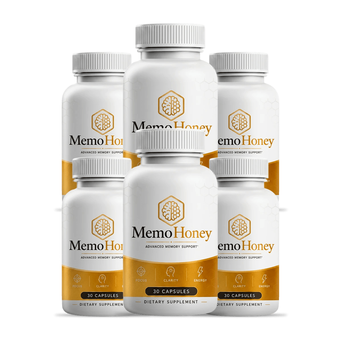 group of six white cylindrical supplement bottles with gold honey-colored label bands, hexagon brain