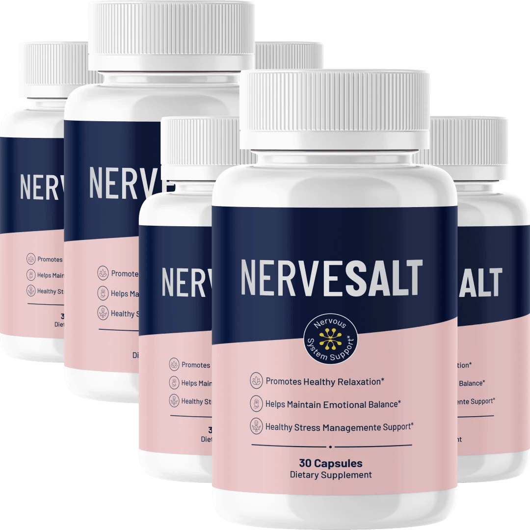 NerveSalt 6-bottle bundle dietary supplement, navy blue and blush pink label, nervous system support