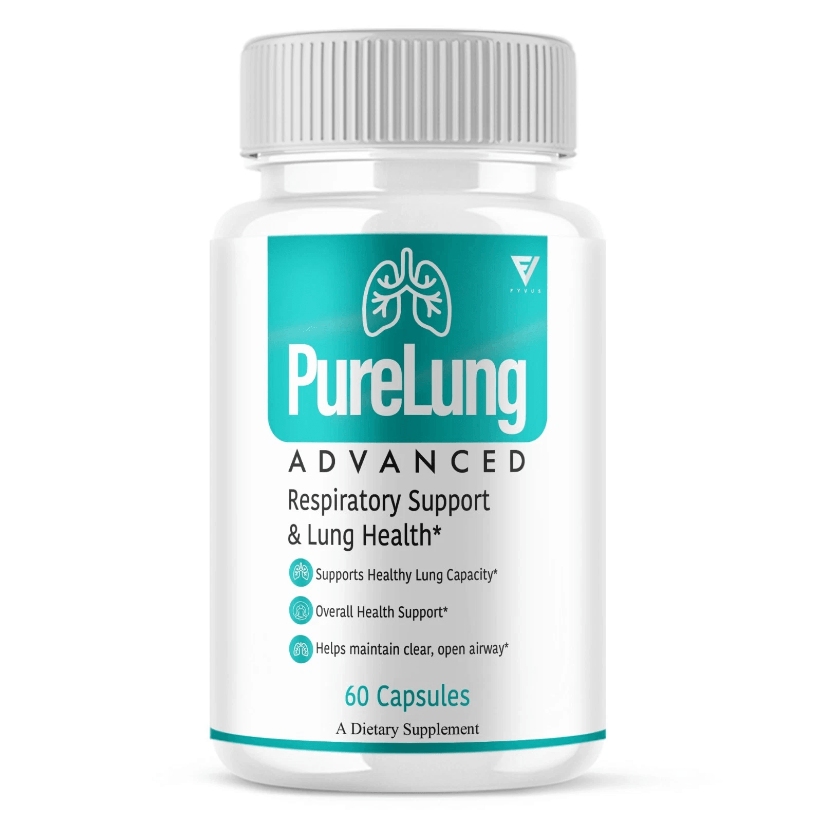 single Pure Lung supplement bottle, teal and white label, product photo on white background