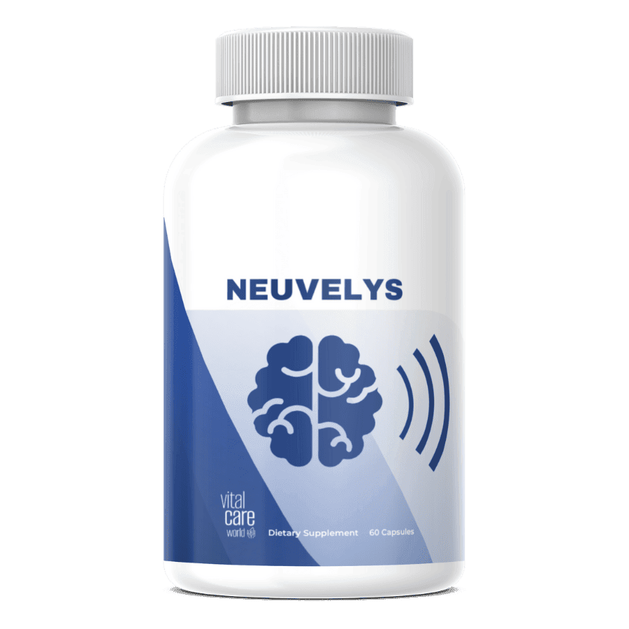 single white supplement bottle Neuvelys blue label brain sound wave logo 60 capsules Vital Care Worl