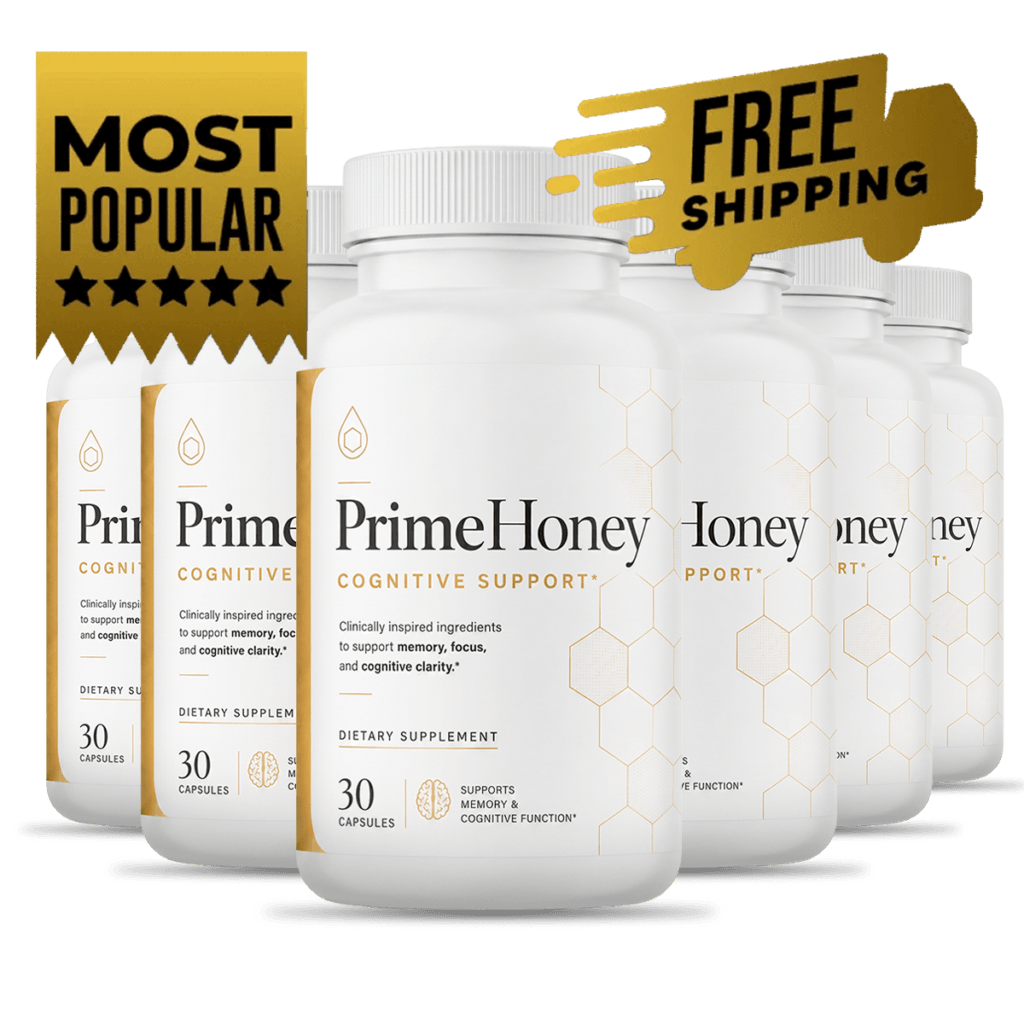 six bottles of PrimeHoney supplement arranged in a premium bundle, 6-frascos style, white bottles wi