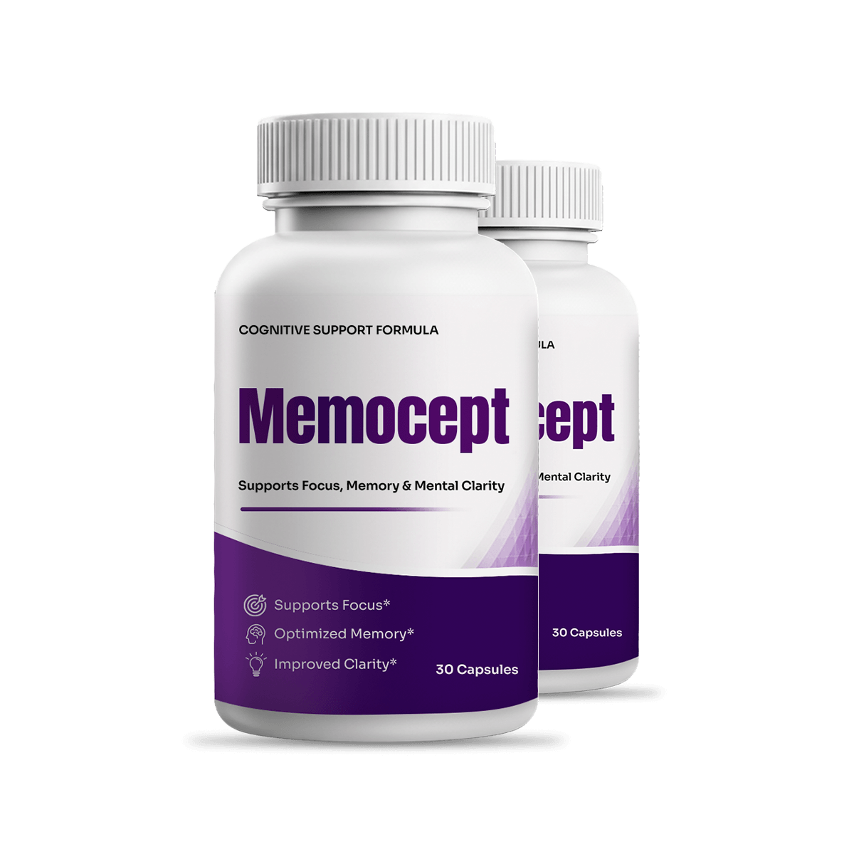 two white purple Memocept supplement bottles, clean product shot, transparent background