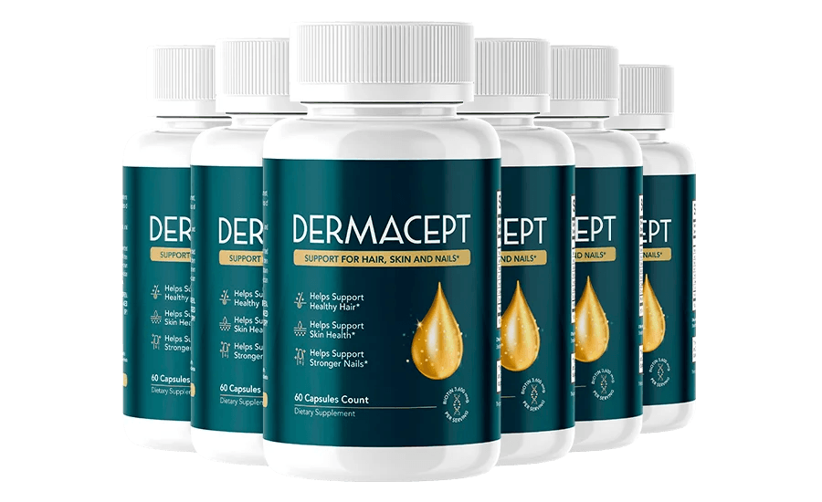 Dermacept six supplement bottles arranged in two rows, deep teal labels with gold accents, white cap