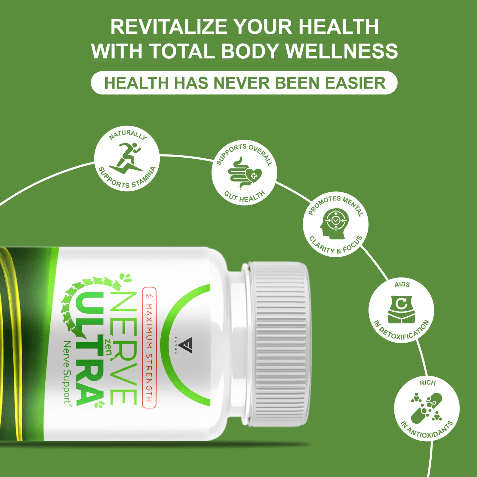 single white and green NERVE SAFE Maximum Strength nerve support supplement bottle, 60 capsules, stu