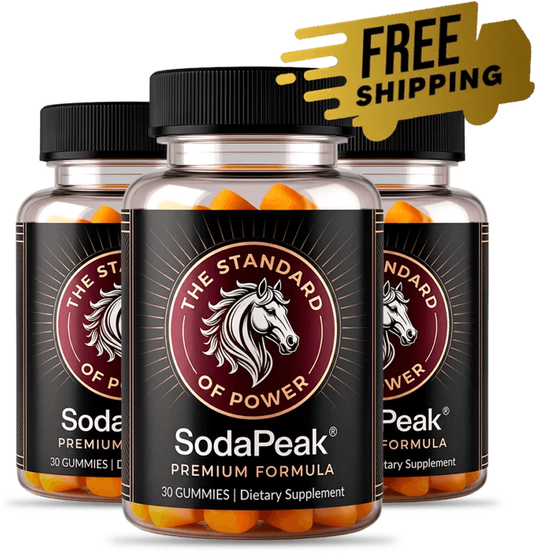 Three SodaPeak Gummies bottles arranged together in a group, dark forest-green and amber label with