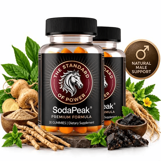 Front label close-up of SodaPeak Gummies bottle, dark forest-green and amber label, horse crest logo
