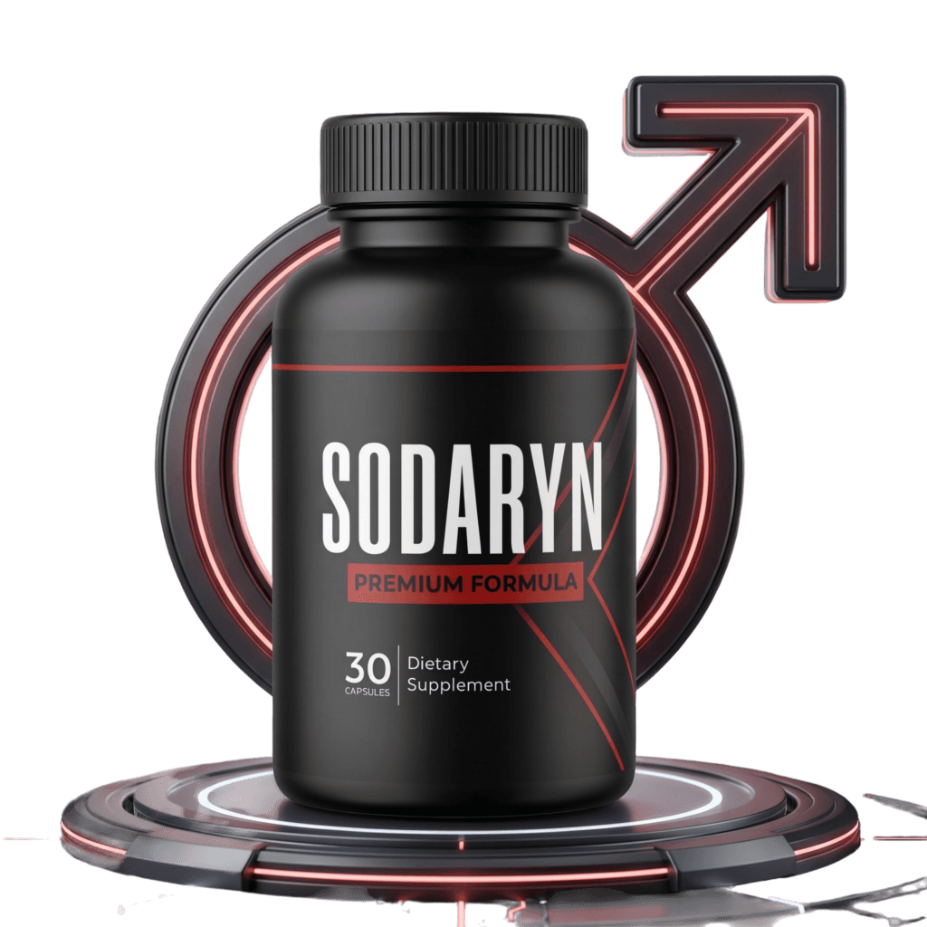 dramatic hero product photo of a black SODARYN supplement bottle with glowing red male-symbol emblem