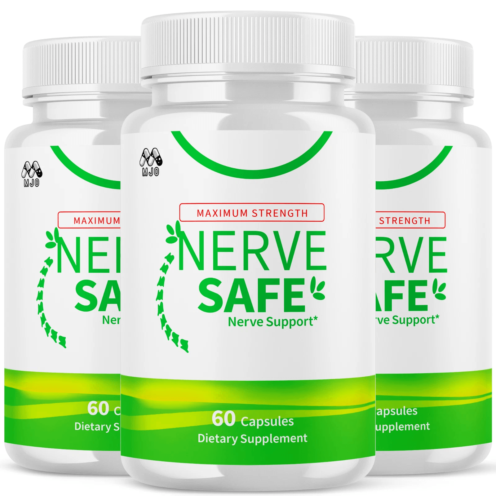 white dietary supplement bottle with green and lime label reading NERVE SAFE Maximum Strength Nerve Support 60 Capsules, front label, studio product shot on white background