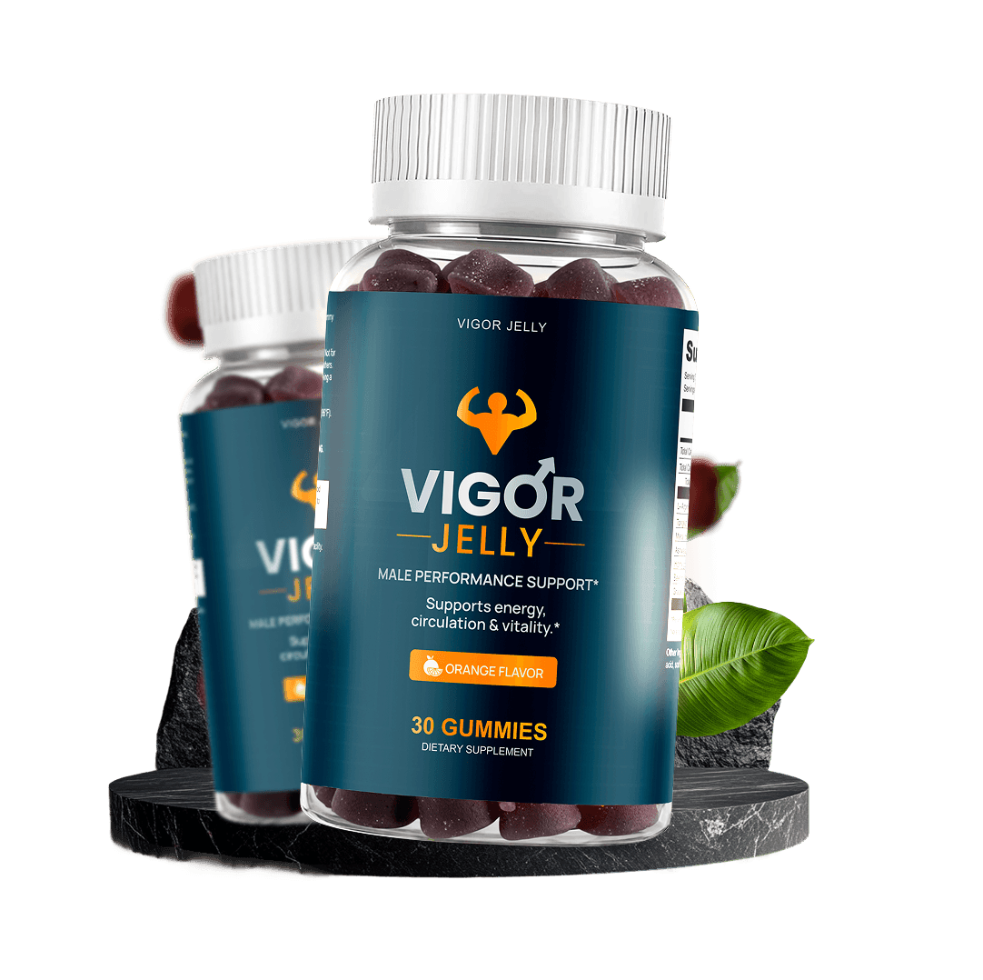 Vigor Jelly Gummies jar hero product shot, deep teal and orange packaging with flexed-arm logo, dram
