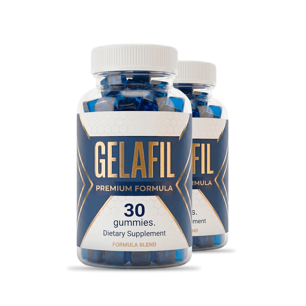 single bottle of GelaFil premium gummies, navy and gold label, high-end supplement photography
